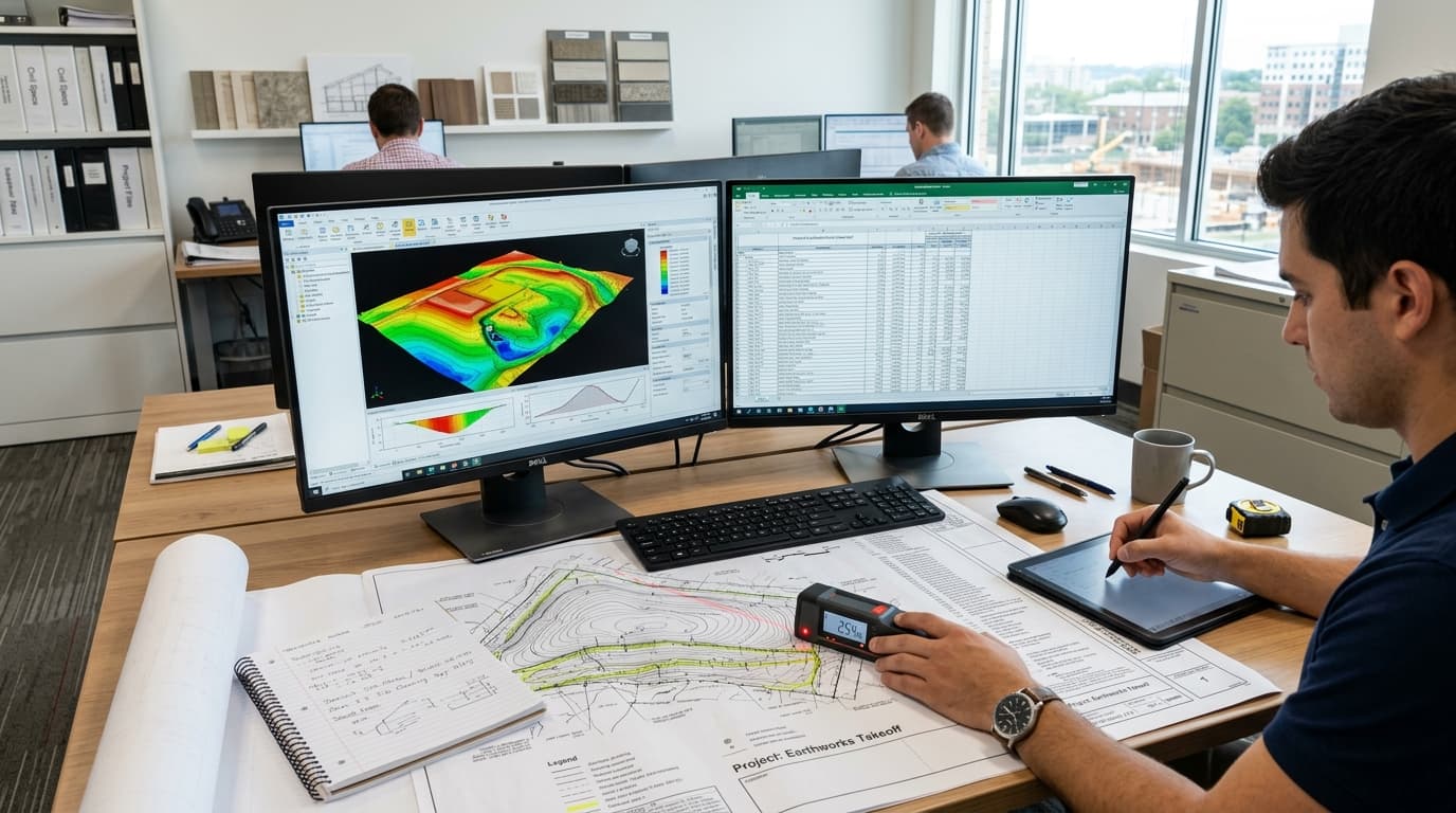 Multi-screen civil engineering estimating workstation displaying 3D digital surface models, civil blueprints, and itemized bid schedules
