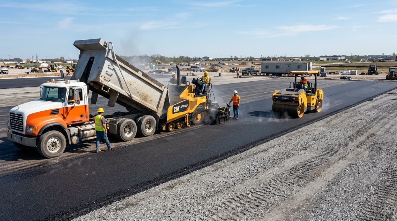 Modern asphalt paver laying hot mix asphalt surface course on a commercial parking facility with tandem vibratory roller compaction