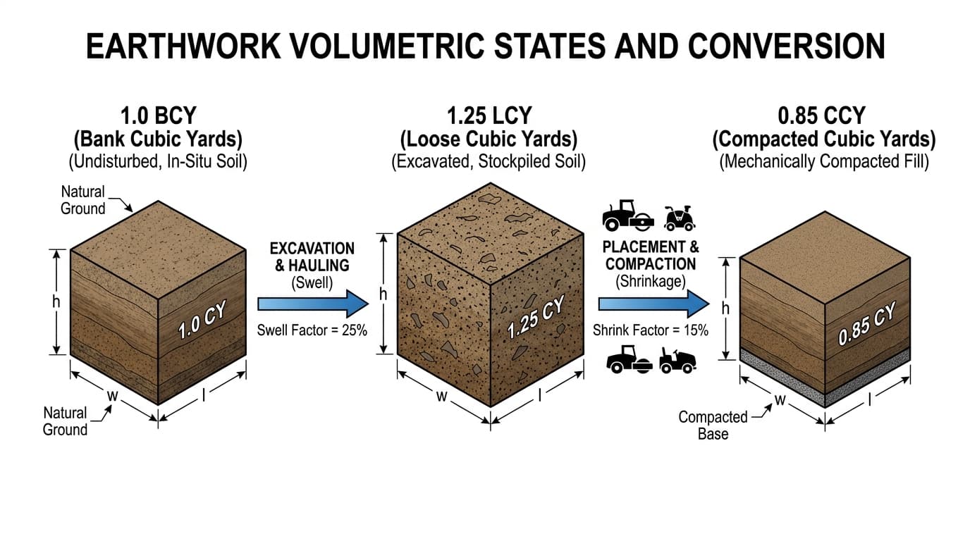 Illustrative soil volume conversions from 1.0 bank cubic yard to 1.25 loose and 0.85 compacted cubic yards, using bank volume as the baseline