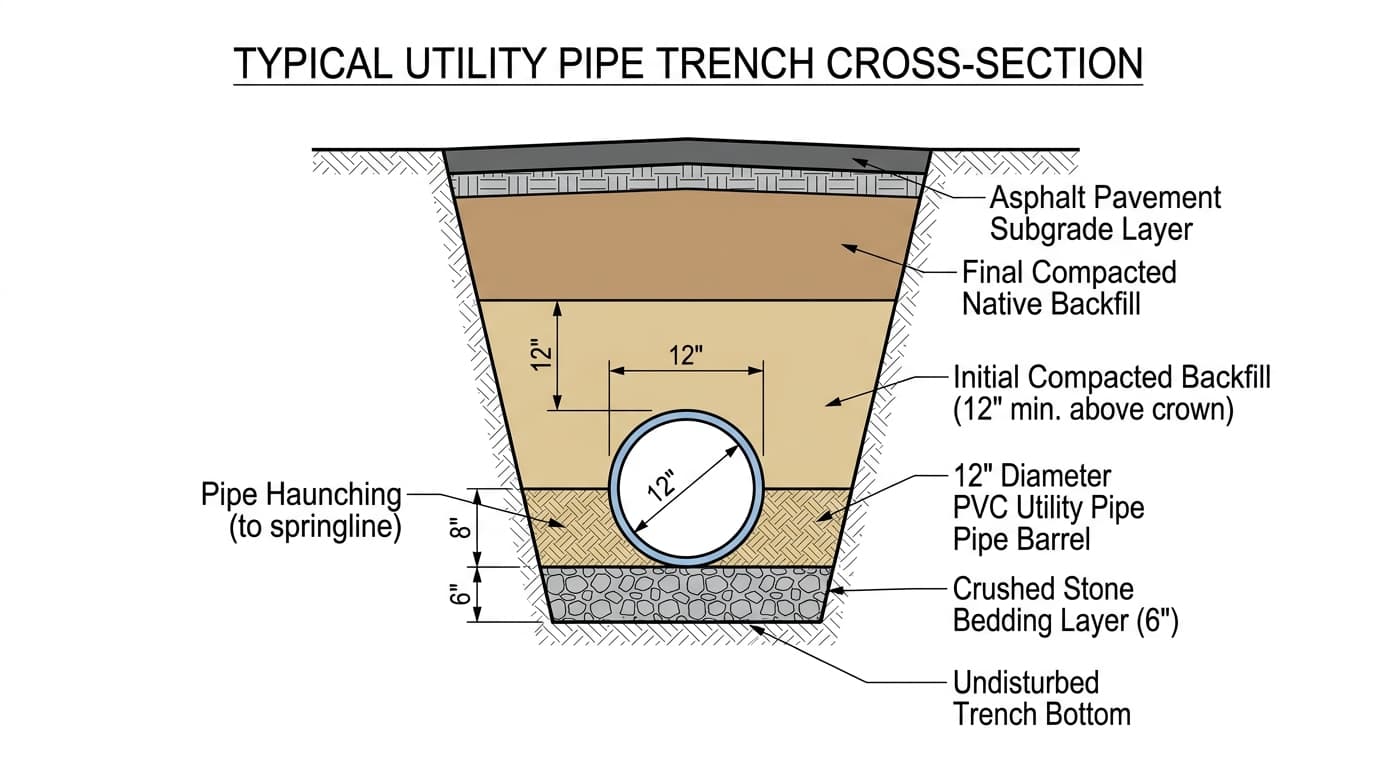 Typical civil engineering utility trench cross-section detail showing bedding layer, pipe haunching, initial backfill, and final native backfill