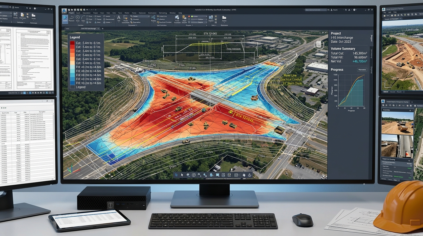 3D Civil Engineering Earthwork Takeoff Surface Model and Cut Fill Heatmap
