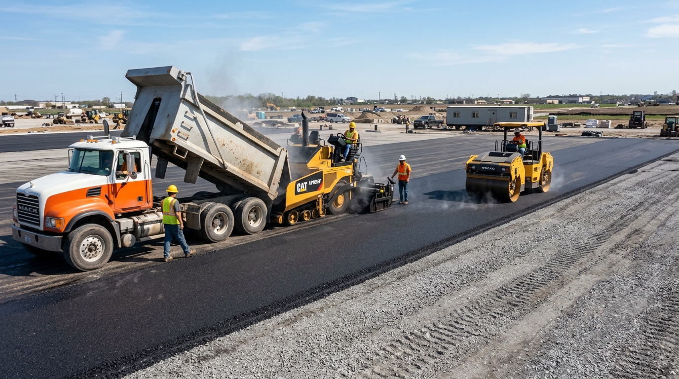 Modern asphalt paver laying hot mix asphalt surface course on a commercial parking facility with tandem vibratory roller compaction