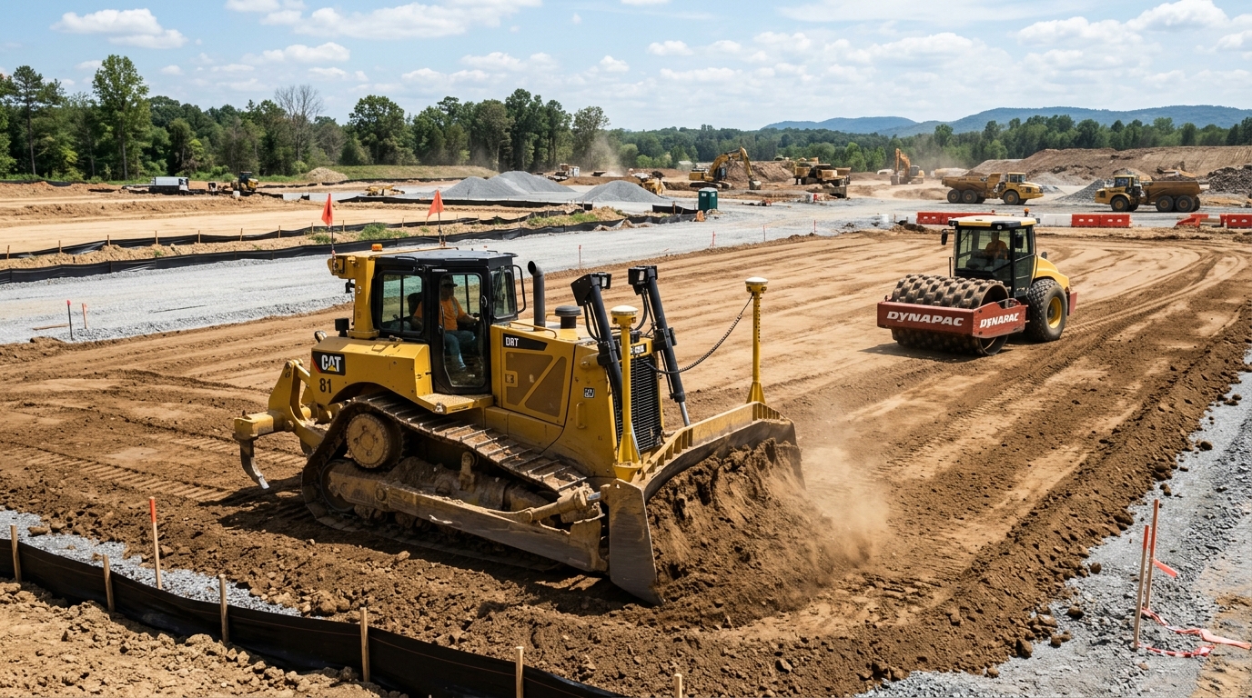 Heavy commercial earthmoving equipment grading a commercial site development pad with dozers and excavators