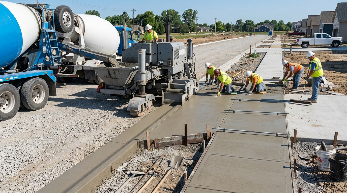 Slipform concrete curb machine extrusion and finishing crew with magnesium floats placing commercial sidewalk flatwork