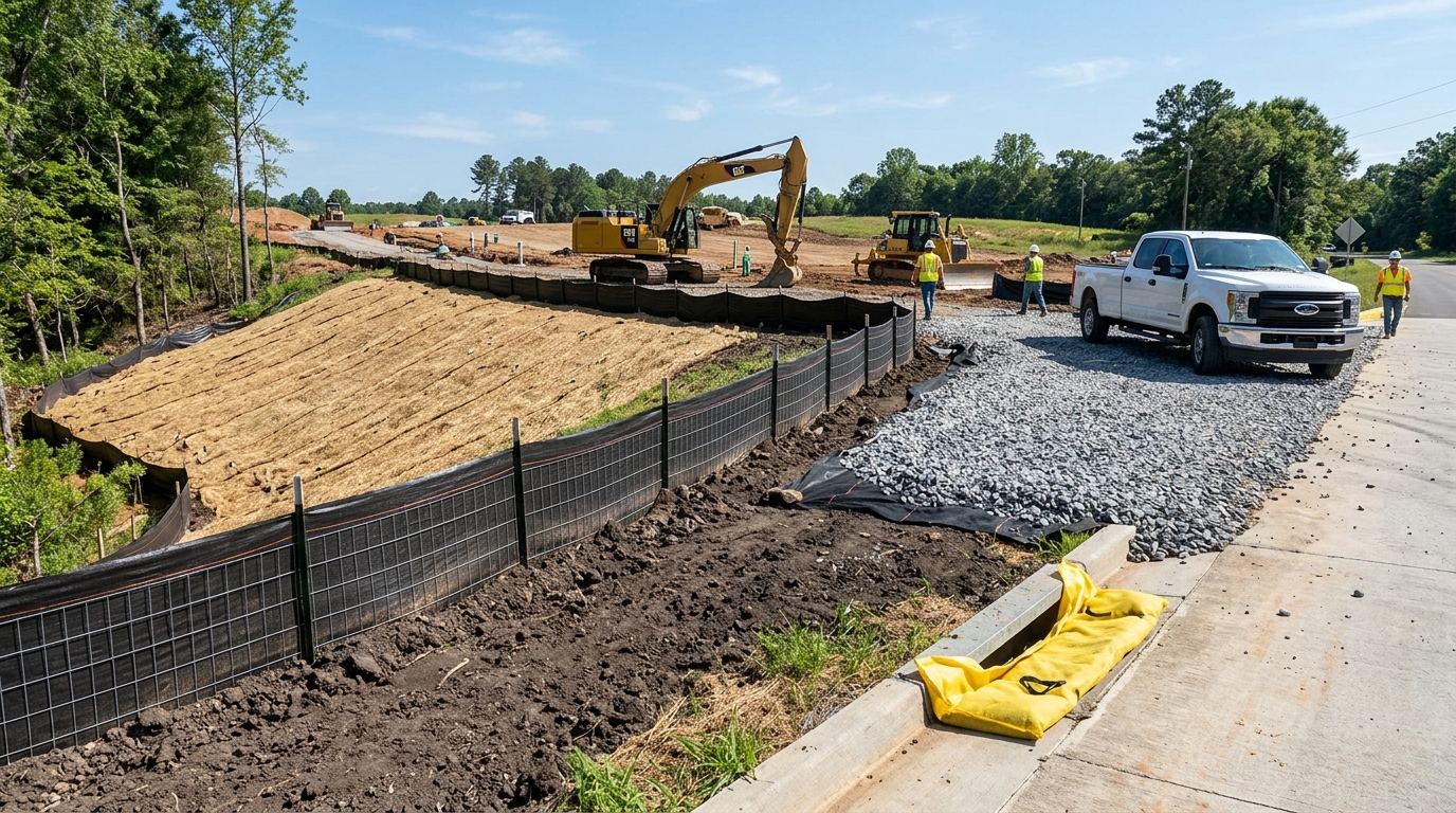 Phased SWPPP erosion control installation showing wire-backed silt fence, stabilized rock tracking pad entrance, and straw erosion blankets