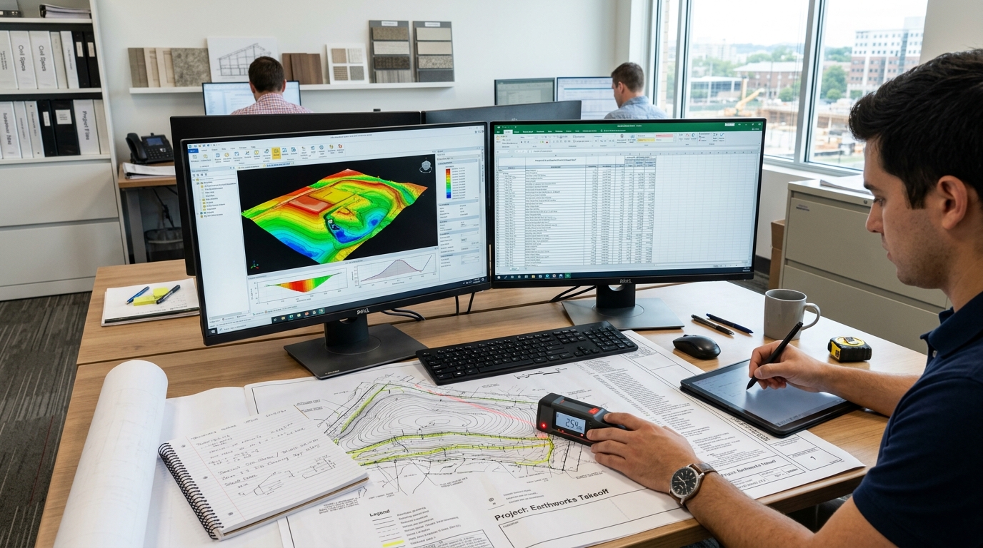 Professional civil estimating dual-monitor workstation displaying 3D digital terrain models, civil engineering plan sheets, and quantity takeoff software