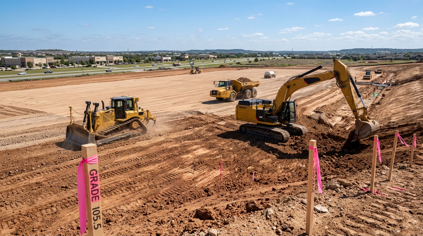 Heavy civil earthmoving excavation and GPS bulldozer grading commercial development pad with elevation grade stakes