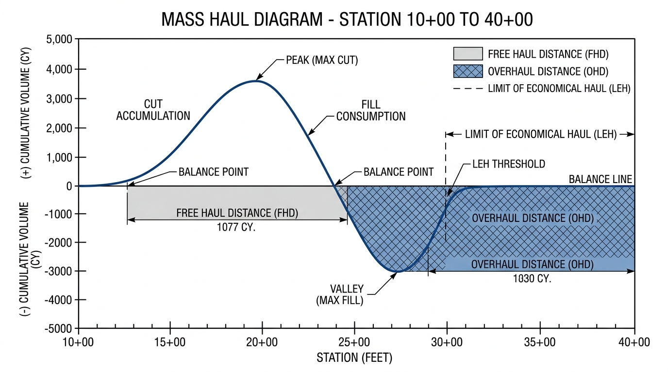 Mass haul diagram engineering curve plotting cumulative cut and fill yardage along civil project stations with balance points and haul distances