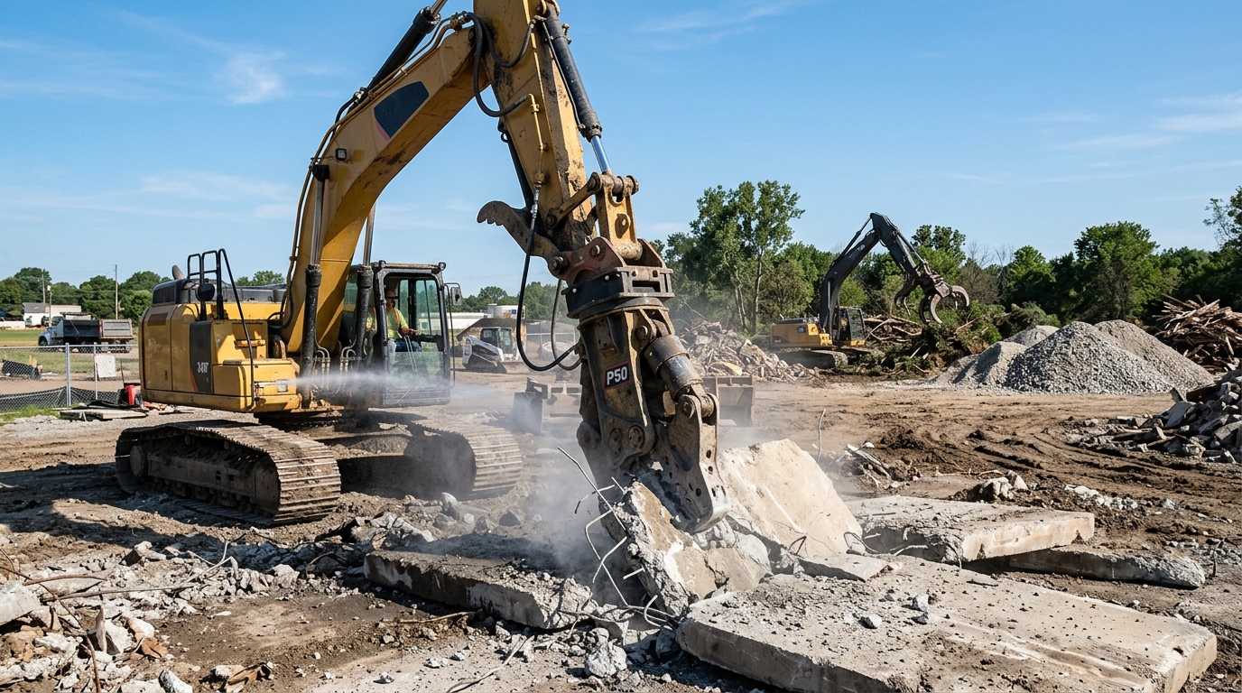 Heavy tracked excavator with hydraulic concrete pulverizer jaw crushing commercial concrete pavement slab with dust suppression water mist