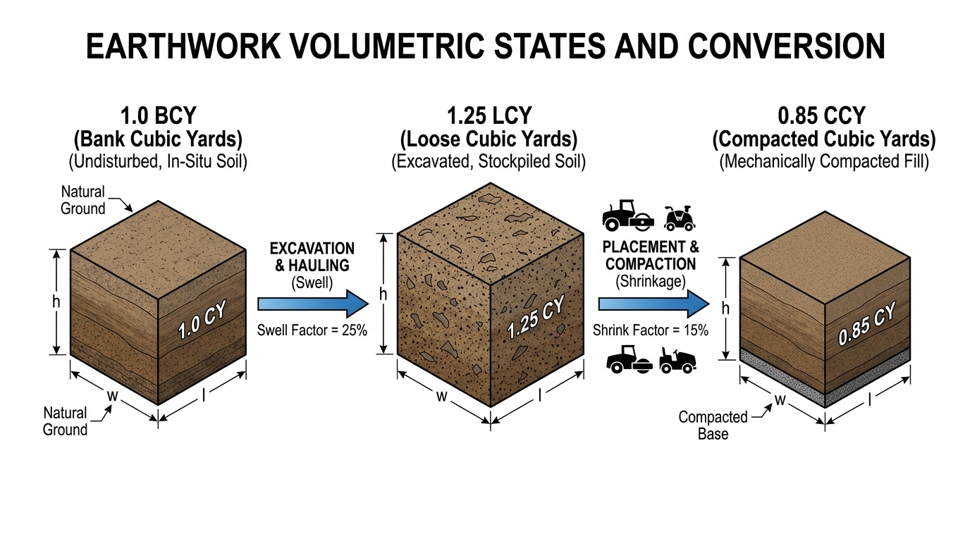 Technical civil engineering diagram illustrating soil volume states: 1.0 BCY Bank State swelling to 1.25 LCY Loose State, and compacting to 0.85 CCY Compacted State