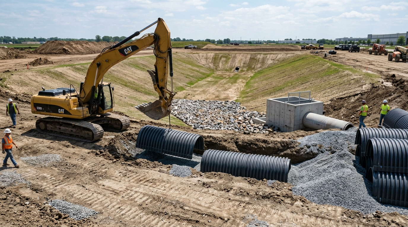 Commercial civil stormwater retention basin construction with riprap apron outfall, concrete weir structure, and underground retention chambers
