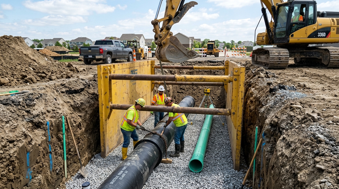 Open cut underground utility trench with steel trench box, ductile iron waterline, PVC sewer pipe on stone bedding with laser guide