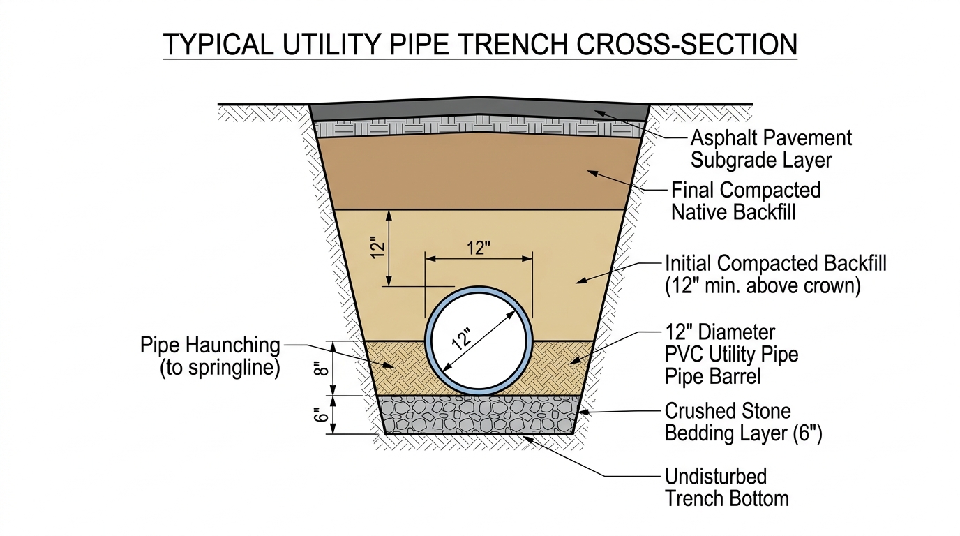 CAD engineering cross-section detail of utility trench showing pipe bedding, haunching zone, initial backfill, and native trench backfill strata